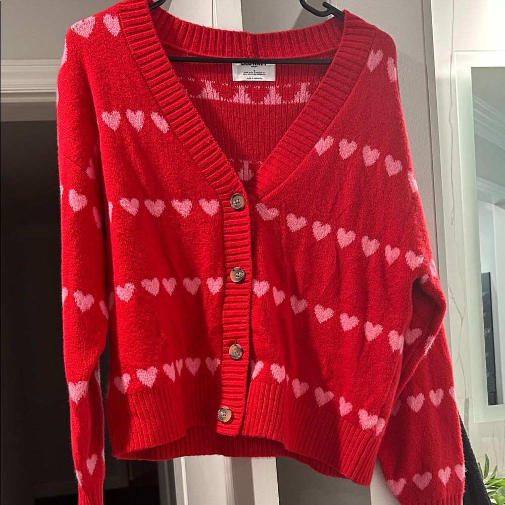 Old Navy Red Heart-Patterned Button Cardigan Sweater